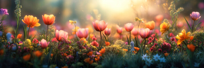 A springtime banner of field filled with a variety of flowers like tulips, daffodils, and cherry blossoms, in an array of bright pinks, yellows and purples. The warm, golden light of a spring morning