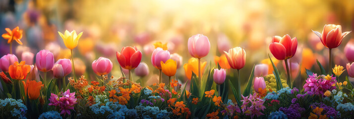 A springtime banner of field filled with a variety of flowers like tulips, daffodils, and cherry blossoms, in an array of bright pinks, yellows and purples. The warm, golden light of a spring morning