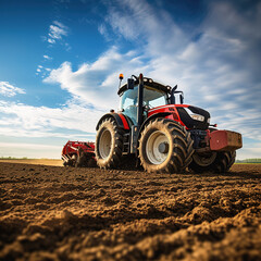 Farmer driving modern tractor, close-up on driver, robust machinery, blue sky, field background