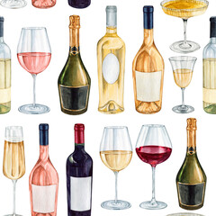 Watercolor wine story seamless pattern