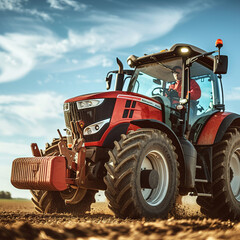 Farmer driving modern tractor, close-up on driver, robust machinery, blue sky, field background