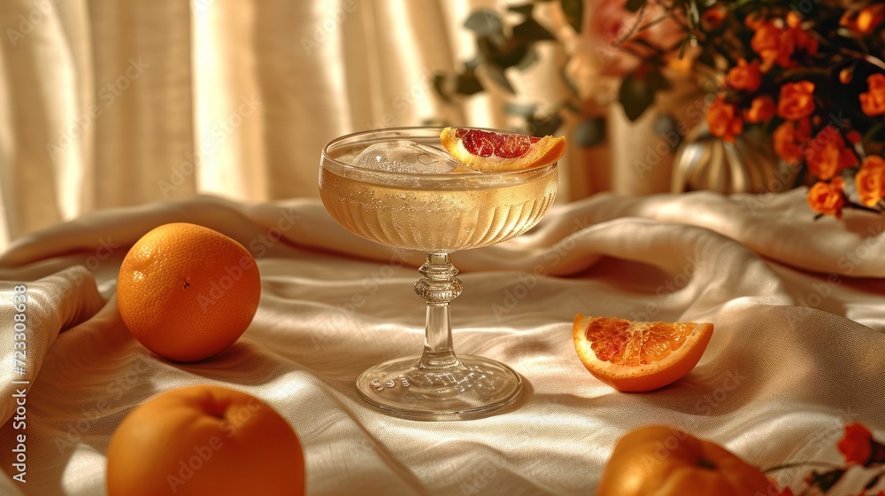 Aufkleber a close up of a wine glass on a table with grapefruits and oranges in the foreground and a vase of f