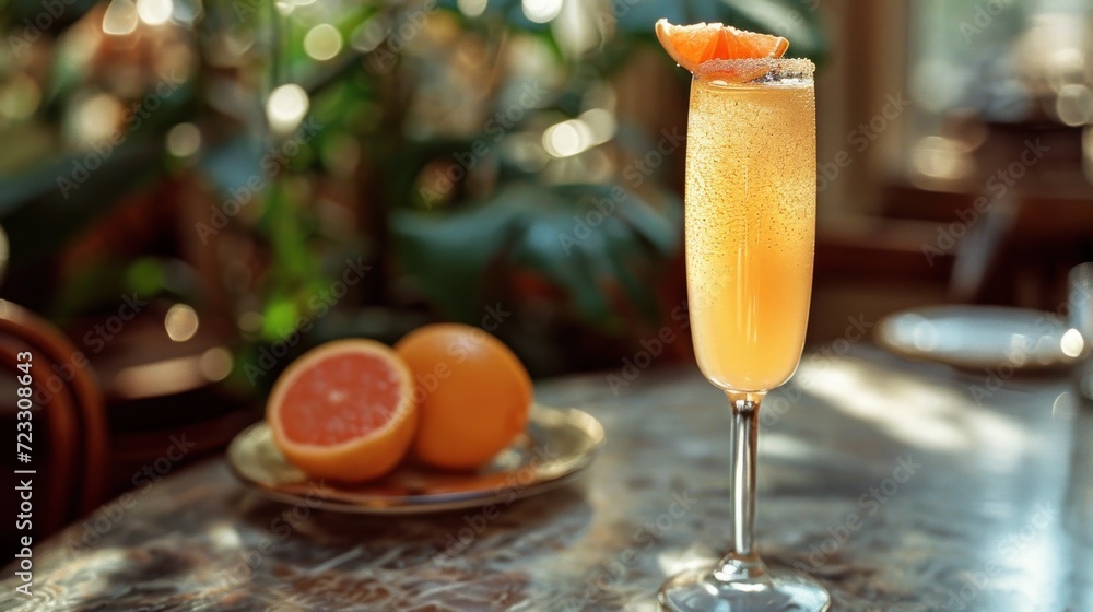 Poster a close up of a wine glass on a table with grapefruit and a grapefruit on a plate next to a pot of o
