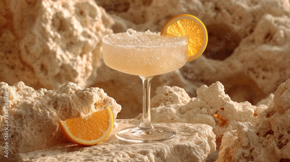 Poster a close up of a drink in a glass on a rock with a slice of an orange on the side of the glass and a 