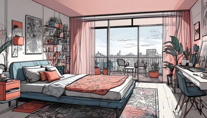 Drawing for a beautiful and contemporary young person's room made with colored pencils
