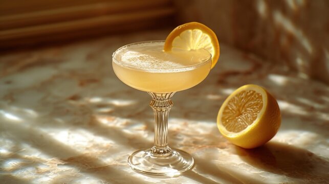  a close up of a glass of a drink with a slice of lemon on the side of the glass and a half of a lemon on the side of the glass.