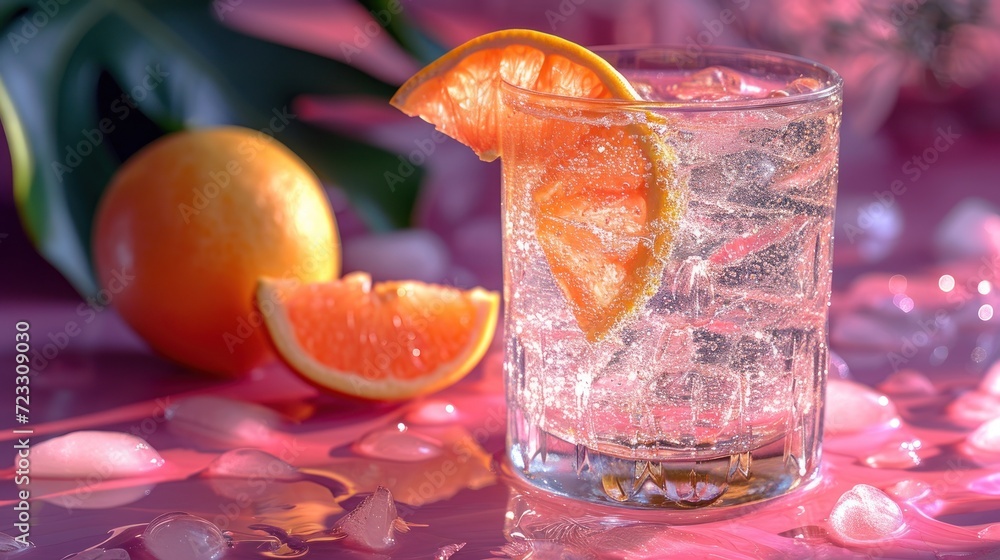 Poster a close up of a glass of water with a slice of an orange on the side and a grapefruit next to it on 