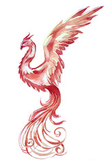 Obraz premium Phoenix watercolor painting. Magical creature watercolor artwork. Phoenix illustration. Wizard's world concept. Fantasy themed clipart isolated on a white background.