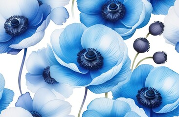 Realistic hand drawn anemone garden flower. Blue anemone on a white background. Watercolor illustration
