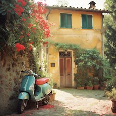 retro vintage vespa moped parked in front of an old italian villa