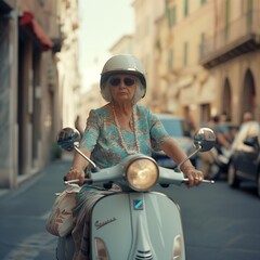 old mature grandma driving retro vintage vespa in italian city - obrazy, fototapety, plakaty