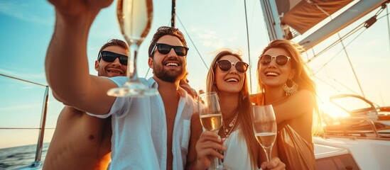 Group happy rich people have a party in yacht with drink champagne at summer day. AI generated image - obrazy, fototapety, plakaty