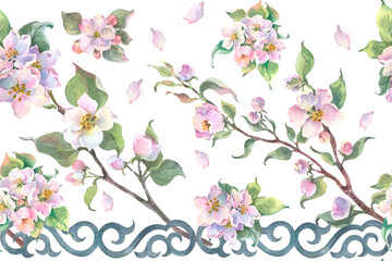 Seamless pattern, bordure. Watercolor apple tree branch and flowers, blooming tree with east ornament on white background, illustration. It's perfect for wedding cards, Nauryz, mothers day.
