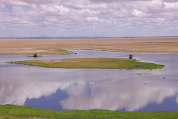 Amboseli lake landscape with reflecting clouds 