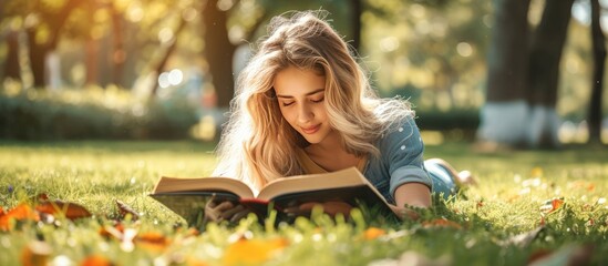 A young female college student lying on the grass park and reading a book at summer. AI generated - obrazy, fototapety, plakaty