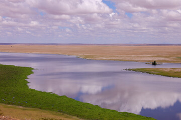 high angle view of lake landscape of Amboseli NP with reflecting clouds on the water surface