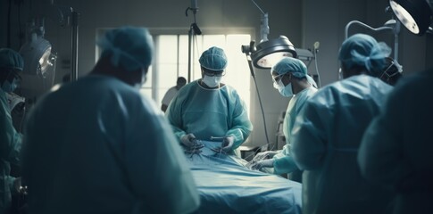 Dramatic view medical team on surgical operation in hospital operating room. AI generated image