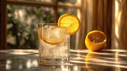  a close up of a glass of water with a slice of lemon on the side of the glass and another glass of...