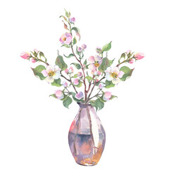 Watercolor apple tree branch and flowers in glass vase, blooming tree on white background, isolated watercolor illustration. It's perfect for wedding cards, mothers day and valentines card.