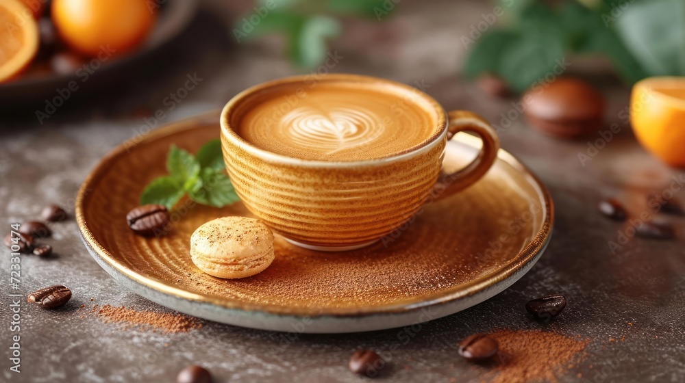 Poster a close up of a cup of coffee on a saucer with a cookie on a plate next to some coffee beans and ora