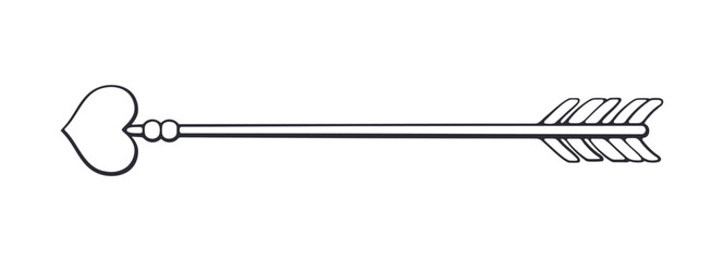 Outline of Decorated Cupid Arrow with a Heart Shaped Tip. Valentines Day Symbol. Vector Illustration. Hand drawn Doodle Clip Art. Design Element Isolated on White Background