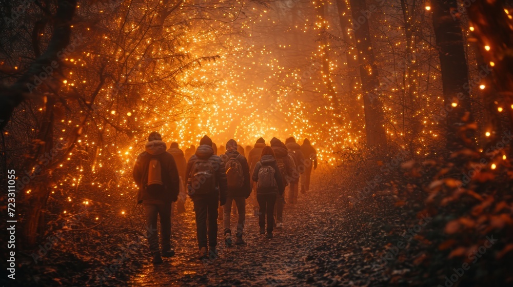 Poster a group of people walking down a path in the woods with lights on the side of the path and trees on 