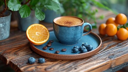 a cup of coffee sitting on top of a blue plate next to orange slices and blueberries on a wooden table next to a potted plant and potted plant.