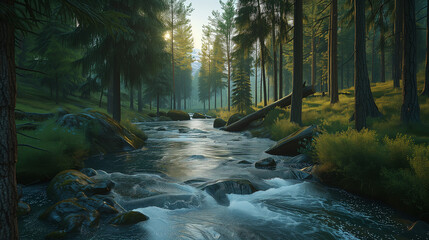 An artistic rendering capturing the essence of a babbling stream winding its way through a verdant, sunlit forest in the early morning - obrazy, fototapety, plakaty