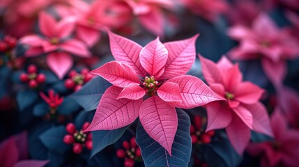  a close up of a pink poinsettia plant with green leaves and red berries on the bottom of the poinsettia and green leaves on the top of the poinsettia.