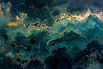 The color turquoise and gold in marble canvas. Generated by artificial intelligence.