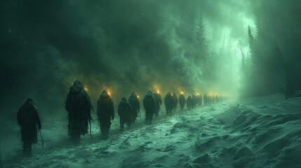  a group of people walking down a snow covered road in front of a forest filled with lots of green and yellow lights on top of snow covered ground and fog.