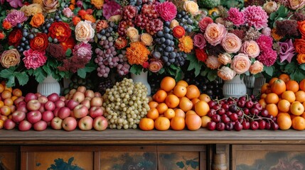 Naklejka na ściany i meble a table topped with lots of different types of fruits and flowers next to vases filled with oranges, apples, grapes, and other fruits in front of different colors.