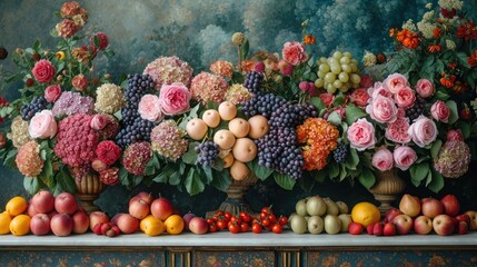  a group of vases filled with lots of different types of flowers sitting on top of a table next to a painting of fruit and flowers on the side of the table.