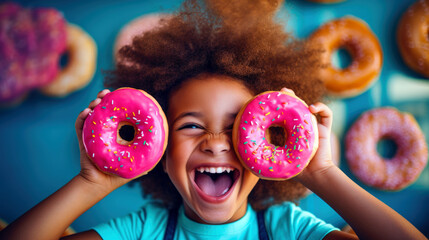 little joyful child holding donuts. generative ai