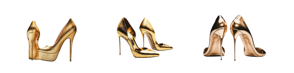 Stiletto high-heel glamour feminine GOLDEN shoes. Set of high heel pairs in various angles, models and shapes. Isolated transparent PNG background. Premium flawless pen tool cutout. 