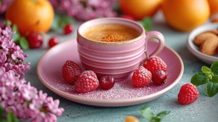  a close up of a cup of coffee on a saucer with raspberries and almonds on a table next to a bowl of oranges and flowers.