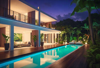 Fototapeta premium Luxurious tropical villa with swimming pool and exquisite architecture in a lush green garden, evening lighting of the relaxation area,