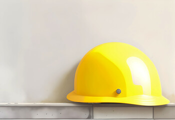 A yellow safety helmet sits next to a concrete wall. Generative AI