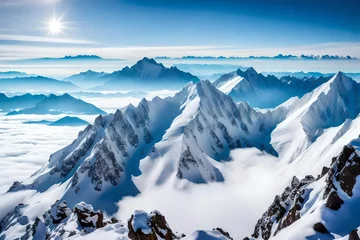 Crédence de cuisine en verre imprimé Himalaya A majestic view of snow-covered mountain peaks rising above the clouds. The stark contrast between the white snow, blue sky, and rugged terrain creates a striking backdrop
