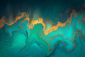 The color turquoise and gold in marble canvas. Generated by artificial intelligence.