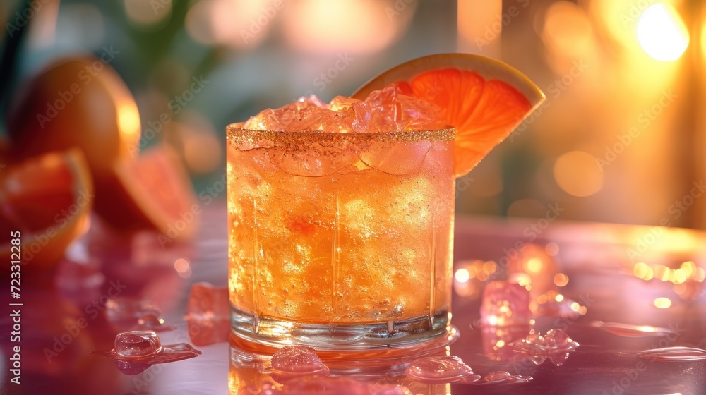 Poster a close up of a drink with a slice of an orange on the rim and ice cubes on the bottom of the glass,