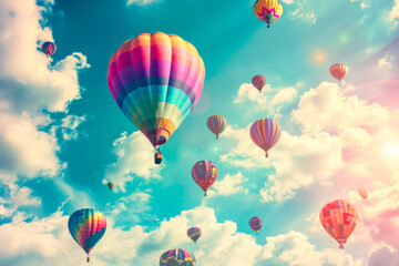 Obraz premium Create a whimsical and enchanting scene of a hot air balloon festival, with colorful balloons floating in the sky and filling the atmosphere with joy