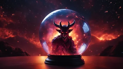 Fotobehang dragon in the night highly intricately photograph of  Scary portrait of a devil figure in hell background inside a glass ball  © Jared