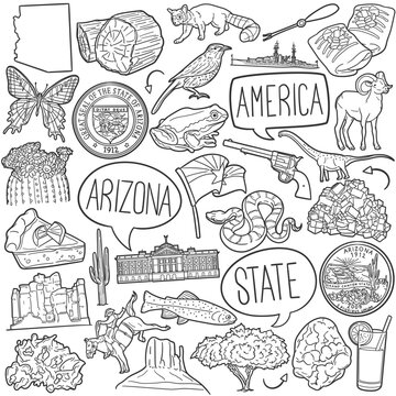 Arizona State Doodle Icons Black and White Line Art. United States Clipart Hand Drawn Symbol Design.