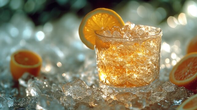  a close up of a glass of ice with a slice of orange on the rim of the glass and a few pieces of grapefruits around the glass.