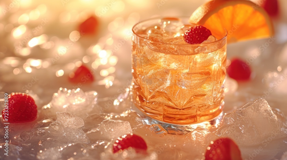 Aufkleber a close up of a glass of alcohol with ice and strawberries on a table with ice cubes and a slice of 