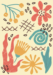 Colorful, bright summer retro silhouette. Abstract pattern with leaves, flowers, shape with texture. trendy print with elements on modern style. A4 size poster for print,  banner. art vector 