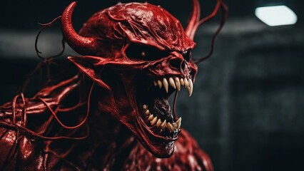 red dragon devil mask A devil scream character as a red demon or monster screaming with fangs and teeth   - obrazy, fototapety, plakaty