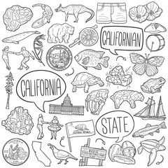 California State Doodle Icons Black and White Line Art. Californian Clipart Hand Drawn Symbol Design.