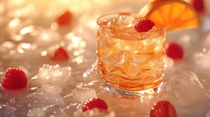  a close up of a glass of alcohol with ice and strawberries on a table with ice cubes and a slice of orange on the side of the glass.